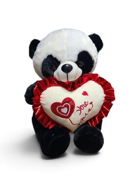 Plush Panda Holding Red & Cream Heart Accent Pillow - Cute Valentine Décor